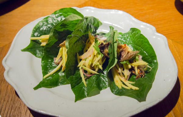 Salted thread fin perch on betel leaves. 