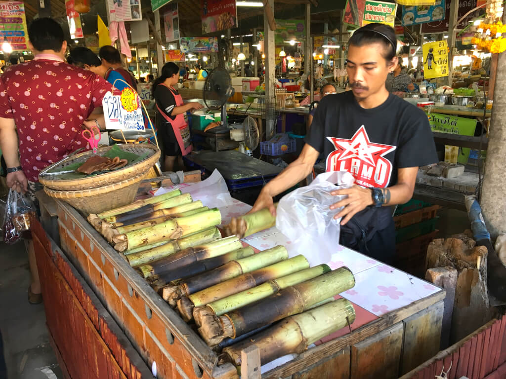 Grilled Sticky Rice in a Bamboo Tube, in Thai is called 'Khao Lam' ข้าวหลาม /kâao lăam/.